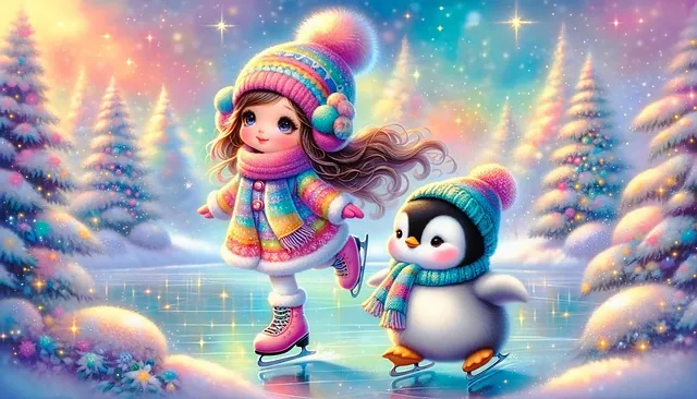 ai generiert, mädchen, pinguin, eislaufen, spaß, winter, abenteuer, freunde, skurrile abenteuer, freudige momente, magische erlebnisse