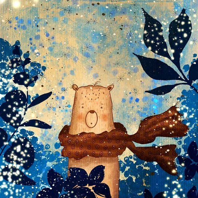 bär, charakter, wald, blau, niedlich, zeichnung, tier, natur, einsam, hat verloren, kinderbuch, kinder, schal, glühen