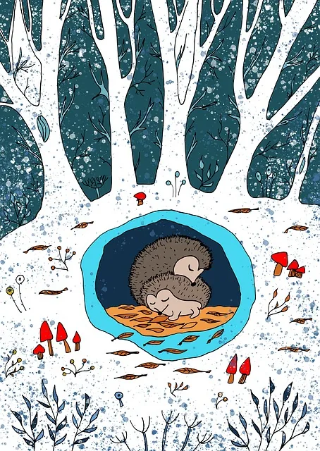 winter, winterschlaf, igel, wald, höhle, karikatur, strichzeichnungen, zeichnung, kunst, winterwald, natur, tiere, schlafen, überwinterung, nora, cartoon-stil, für kinder, schaltkreis, illustration, stilisierung