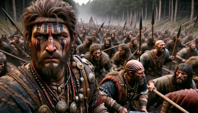 ai generiert, krieger, germanische, cherusker, schlacht, kalkriese, deutschland, römer