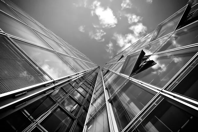 building, architecture, black and white, facade, skyscraper, modern architecture, high rise building, modern building, office building, glass facade, modern, glass, window, nature, sky, reflection, city, urban, düsseldorf, low angle shot, monochrome
