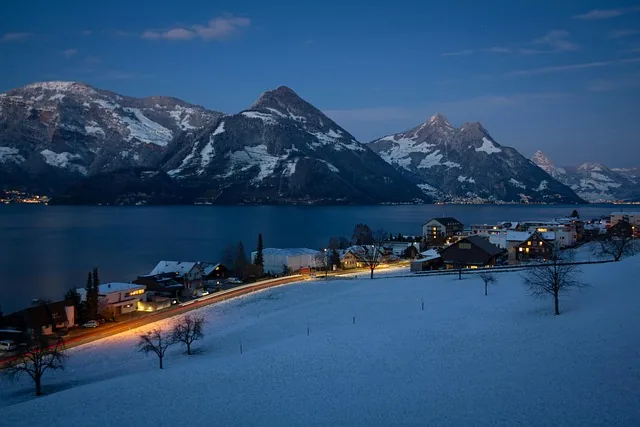 winter, see, berge, natur, region vierwaldstättersee, panorama, outlook, beckenried